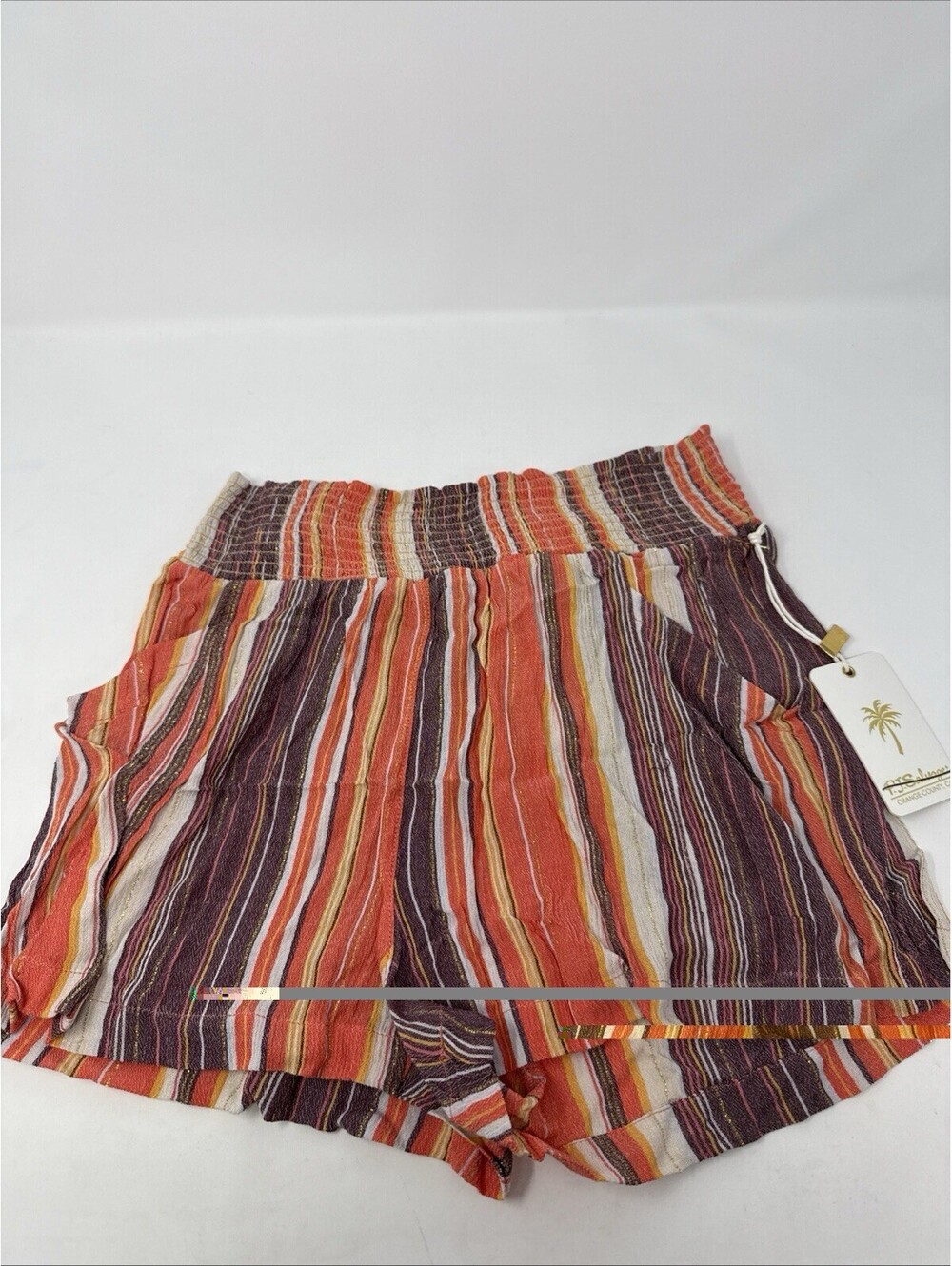 NWT PJ SALVAGE Small Smocked High Waist Stripe Gold Lounge Pajama Shorts #6257